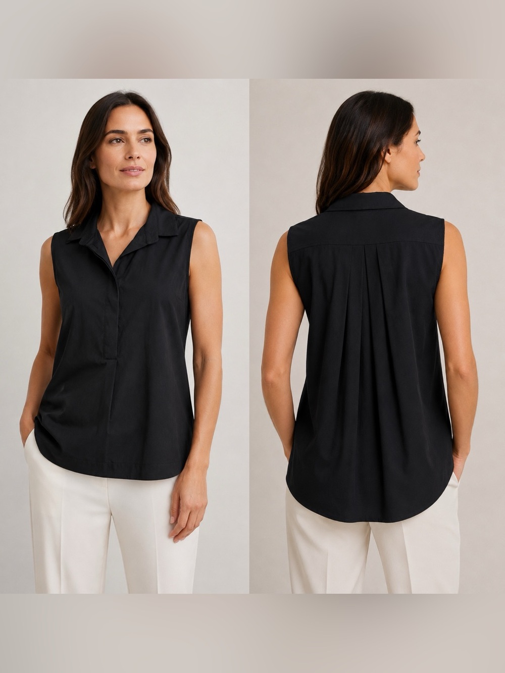 Lafayette 148 sleeveless Stretch Cotton Collared Stella Top High Low Small Black